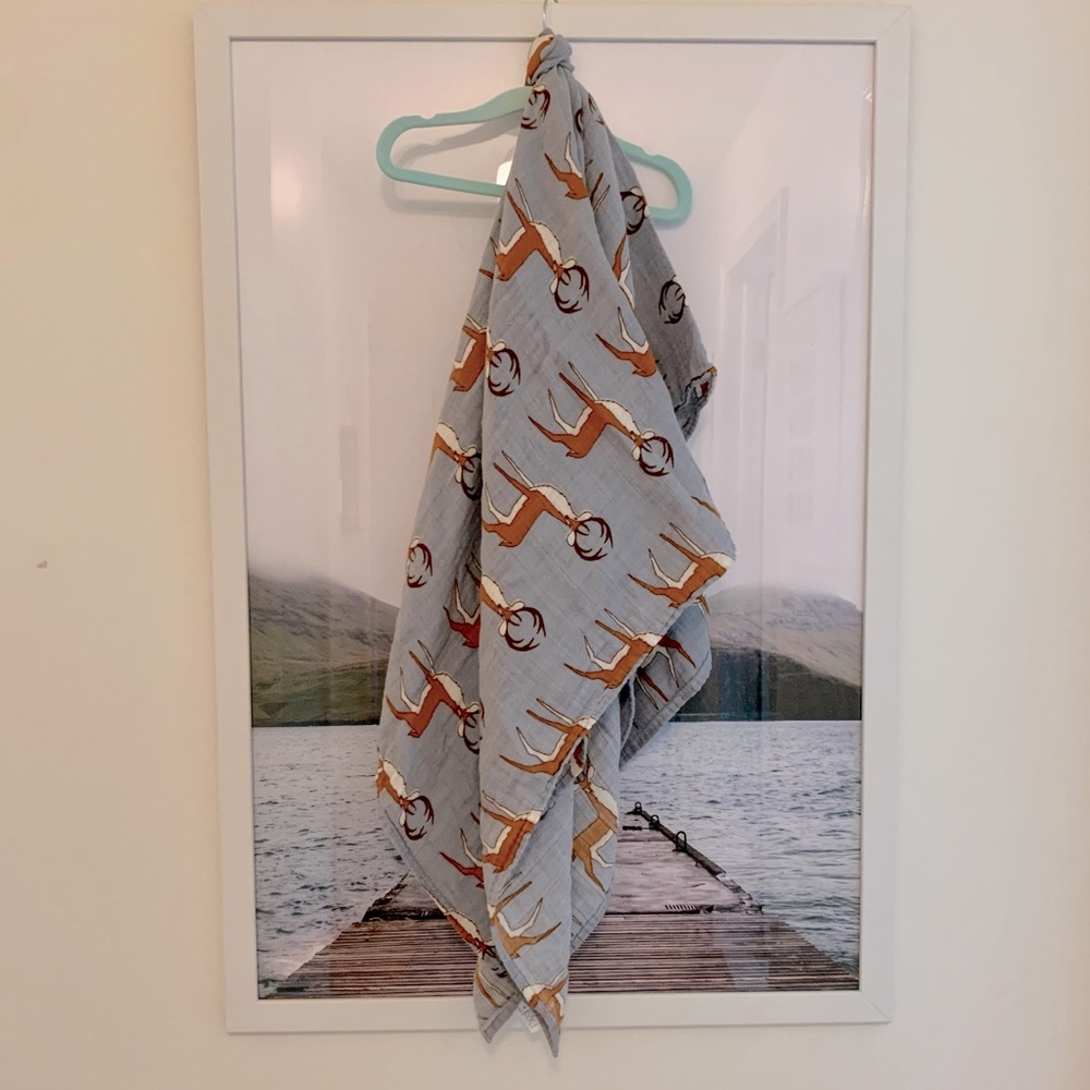 Milkbarn swaddle/blanket. Blue w deer/bucks. Boy or girl
